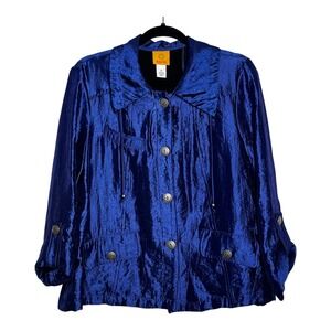 Ruby Rd Womens Royal Blue Crinkle Metallic Button Front Jacket Size 10 Roll Tab